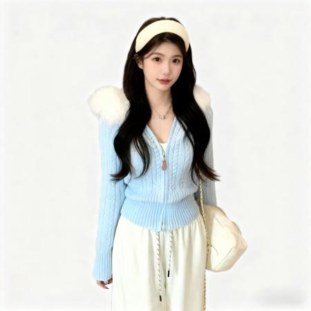 FA45312# 秋冬韩系新款温柔系气质毛领拉链麻花毛衣连帽针织长袖开衫女 服裝批發女裝批發服飾貨源