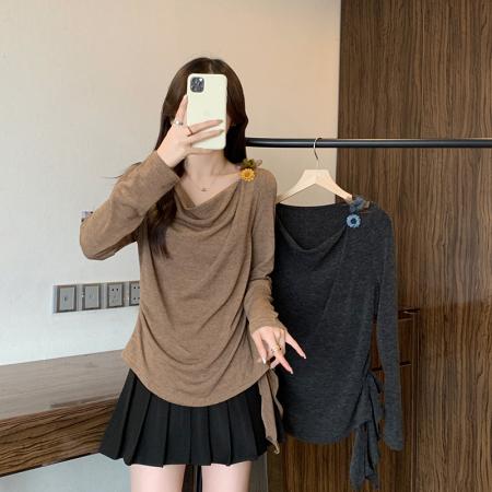 FA45313# 秋冬新款胖mm大码女时尚荡领不规则修身显瘦内搭长袖上衣 服裝批發女裝批發服飾貨源