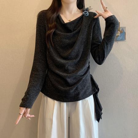 FA45313# 秋冬新款胖mm大码女时尚荡领不规则修身显瘦内搭长袖上衣 服裝批發女裝批發服飾貨源