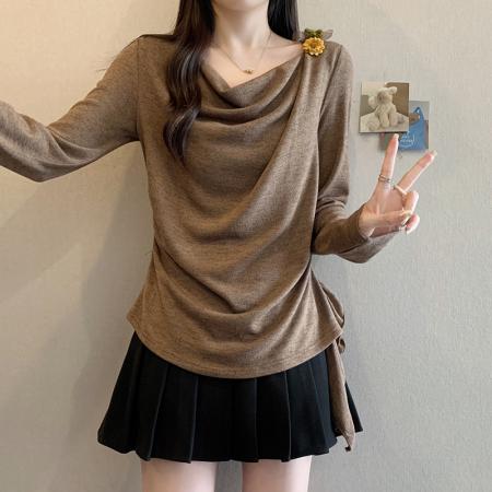 FA45313# 秋冬新款胖mm大码女时尚荡领不规则修身显瘦内搭长袖上衣 服裝批發女裝批發服飾貨源