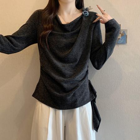 FA45313# 秋冬新款胖mm大码女时尚荡领不规则修身显瘦内搭长袖上衣 服裝批發女裝批發服飾貨源