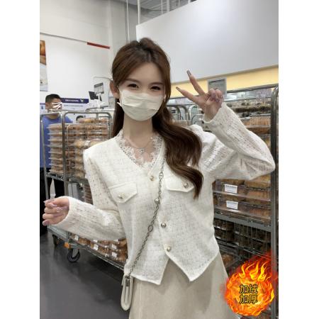 FA45314# 秋冬新款胖mm大码女时尚纯欲风蕾丝边方格气质针织衫 服裝批發女裝批發服飾貨源