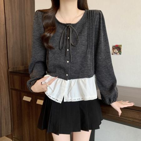 FA45316# 大码秋冬新款法式复古假两件洋气减龄蕾丝边长袖上衣女 服裝批發女裝批發服飾貨源