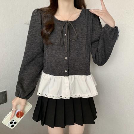 FA45316# 大码秋冬新款法式复古假两件洋气减龄蕾丝边长袖上衣女 服裝批發女裝批發服飾貨源