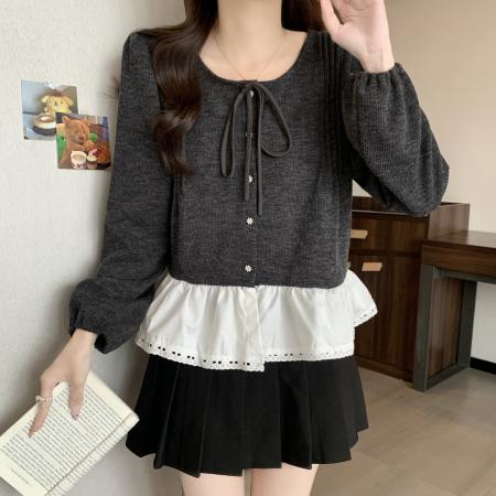 FA45316# 大码秋冬新款法式复古假两件洋气减龄蕾丝边长袖上衣女 服裝批發女裝批發服飾貨源