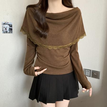 FA45318# 大码秋季复古气质内搭针织衫女斗篷披肩两件套荡领打底衫上衣 服裝批發女裝批發服飾貨源