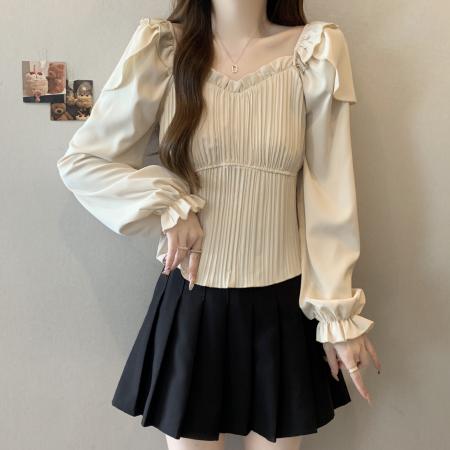 FA45319# 大码秋季新款气质修身雪纺衫法式设计感洋气褶皱长袖上衣女 服裝批發女裝批發服飾貨源