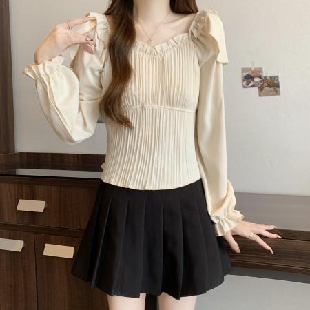 FA45319# 大码秋季新款气质修身雪纺衫法式设计感洋气褶皱长袖上衣女 服裝批發女裝批發服飾貨源