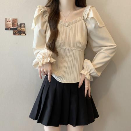 FA45319# 大码秋季新款气质修身雪纺衫法式设计感洋气褶皱长袖上衣女 服裝批發女裝批發服飾貨源