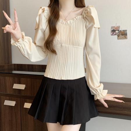 FA45319# 大码秋季新款气质修身雪纺衫法式设计感洋气褶皱长袖上衣女 服裝批發女裝批發服飾貨源