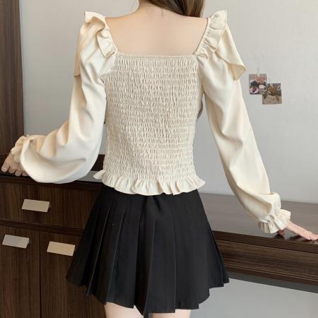 FA45319# 大码秋季新款气质修身雪纺衫法式设计感洋气褶皱长袖上衣女 服裝批發女裝批發服飾貨源