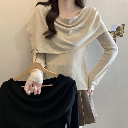 FA45320# 大码秋季新款百搭显瘦时尚上衣气质简约披肩长袖T恤女 服裝批發女裝批發服飾貨源