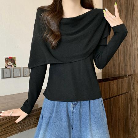 FA45320# 大码秋季新款百搭显瘦时尚上衣气质简约披肩长袖T恤女 服裝批發女裝批發服飾貨源