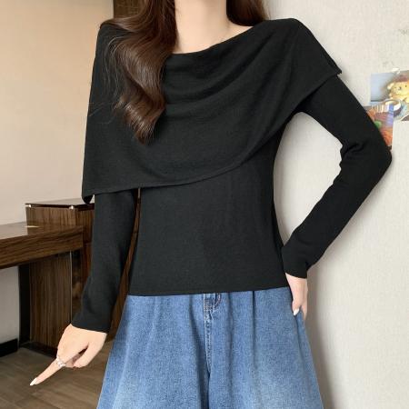 FA45320# 大码秋季新款百搭显瘦时尚上衣气质简约披肩长袖T恤女 服裝批發女裝批發服飾貨源