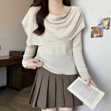 FA45320# 大码秋季新款百搭显瘦时尚上衣气质简约披肩长袖T恤女 服裝批發女裝批發服飾貨源