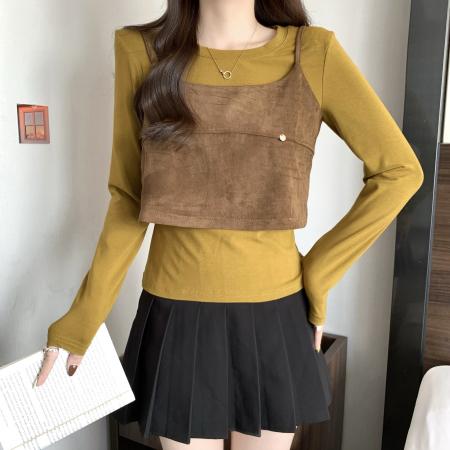 FA45321# 大码秋季新款修身长袖百搭针织打底上衣+短款针织背心二件套 服裝批發女裝批發服飾貨源