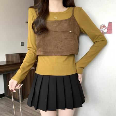 FA45321# 大码秋季新款修身长袖百搭针织打底上衣+短款针织背心二件套 服裝批發女裝批發服飾貨源