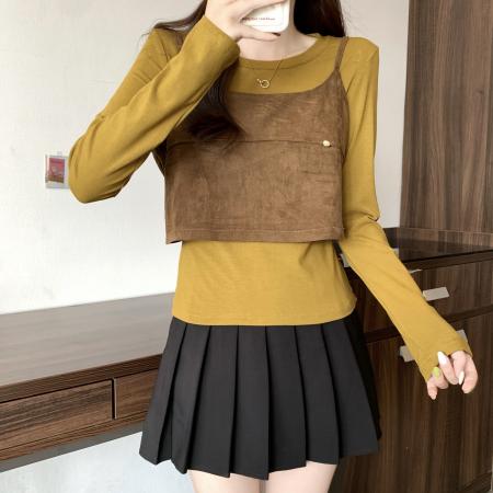 FA45321# 大码秋季新款修身长袖百搭针织打底上衣+短款针织背心二件套 服裝批發女裝批發服飾貨源