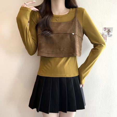 FA45321# 大码秋季新款修身长袖百搭针织打底上衣+短款针织背心二件套 服裝批發女裝批發服飾貨源