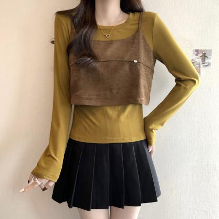 FA45321# 大码秋季新款修身长袖百搭针织打底上衣+短款针织背心二件套 服裝批發女裝批發服飾貨源