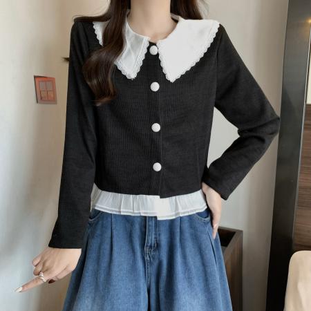 FA45322# 大码秋季新款拼色娃娃领减龄百搭遮肚显瘦长袖上衣女 服裝批發女裝批發服飾貨源