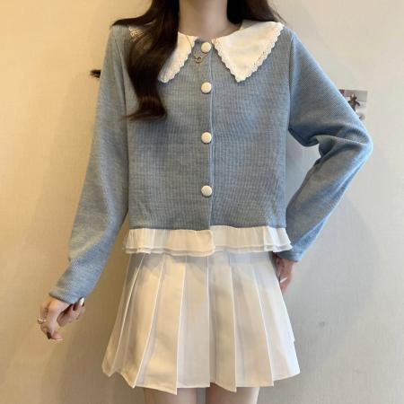 FA45322# 大码秋季新款拼色娃娃领减龄百搭遮肚显瘦长袖上衣女 服裝批發女裝批發服飾貨源