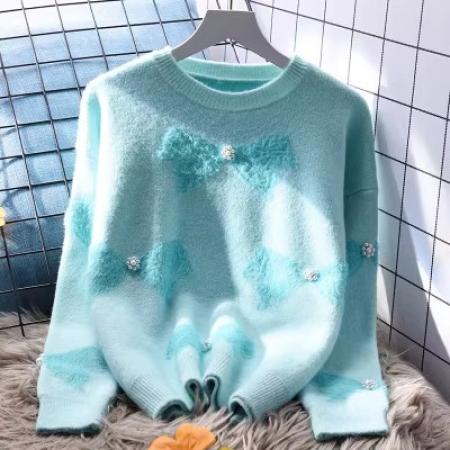 FA45323# 小香风钉珠圆领毛衣女宽松外穿秋冬新款日系洋气软糯针织上衣 服裝批發女裝批發服飾貨源