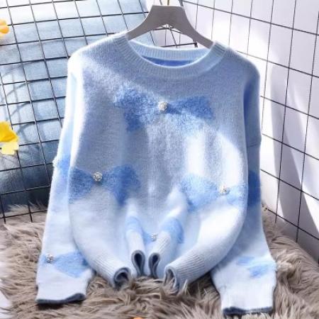 FA45323# 小香风钉珠圆领毛衣女宽松外穿秋冬新款日系洋气软糯针织上衣 服裝批發女裝批發服飾貨源