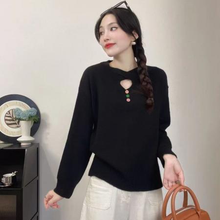 FA45324# 个性小众毛衣女新款不规则圆领纯色春秋洋气慵懒套头针织衫 服裝批發女裝批發服飾貨源