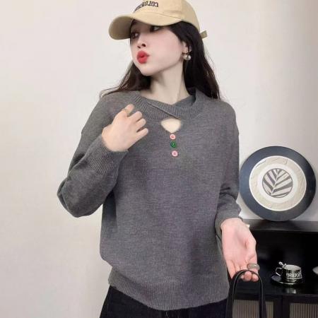 FA45324# 个性小众毛衣女新款不规则圆领纯色春秋洋气慵懒套头针织衫 服裝批發女裝批發服飾貨源