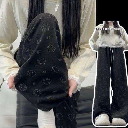 FA45327# 新款黑色卡通印花休闲裤女抽绳宽松高腰显瘦百搭直筒阔腿裤 服裝批發女裝批發服飾貨源