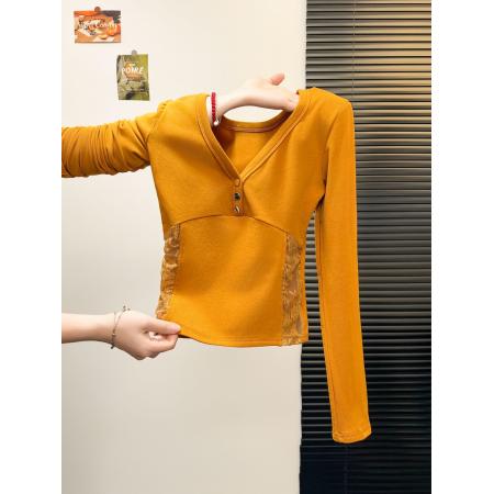 FA45329# 秋冬磨毛新款韩版设计感V领蕾丝拼接长袖T恤女修身上衣 服裝批發女裝批發服飾貨源