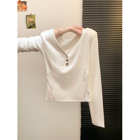 FA45329# 秋冬磨毛新款韩版设计感V领蕾丝拼接长袖T恤女修身上衣 服裝批發女裝批發服飾貨源
