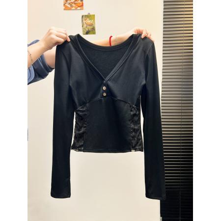 FA45329# 秋冬磨毛新款韩版设计感V领蕾丝拼接长袖T恤女修身上衣 服裝批發女裝批發服飾貨源