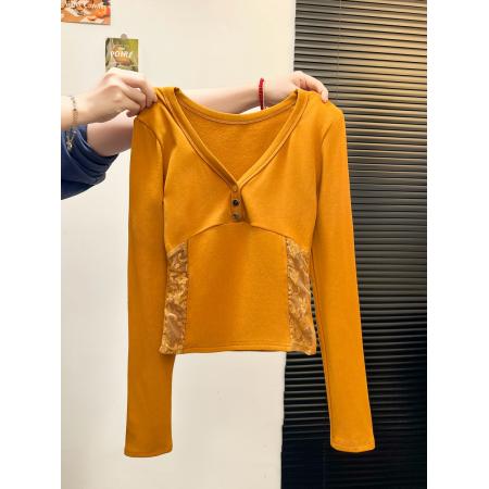 FA45329# 秋冬磨毛新款韩版设计感V领蕾丝拼接长袖T恤女修身上衣 服裝批發女裝批發服飾貨源