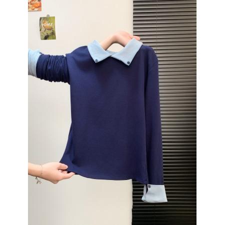 FA45330# 韩系风高级感Polo领抓毛长袖T恤女秋冬新百搭假两件撞色上衣 服裝批發女裝批發服飾貨源