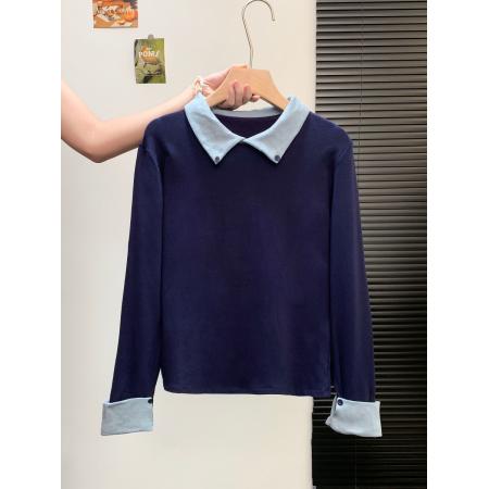 FA45330# 韩系风高级感Polo领抓毛长袖T恤女秋冬新百搭假两件撞色上衣 服裝批發女裝批發服飾貨源