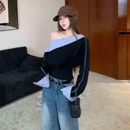 FA45332# 格纹拼接斜领长袖卫衣女收腰显瘦短款纯欲上衣 服裝批發女裝批發服飾貨源