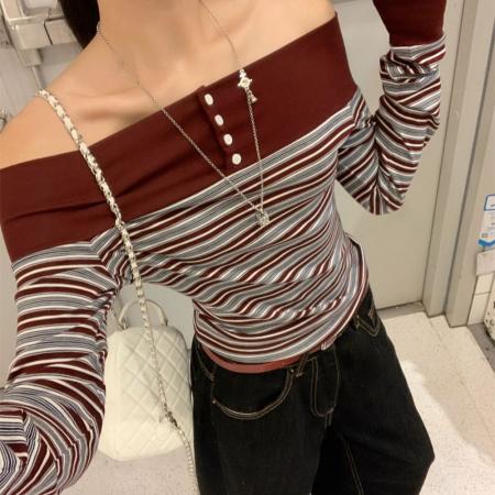 FA45333# 复古条纹拼接一字肩露肩修身长袖上衣女秋季设计感打底上衣潮 服裝批發女裝批發服飾貨源