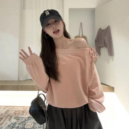 FA45334# 韩系慵懒风斜肩系带粉色长袖卫衣女秋季小众设计宽松显瘦甜辣上衣 服裝批發女裝批發服飾貨源