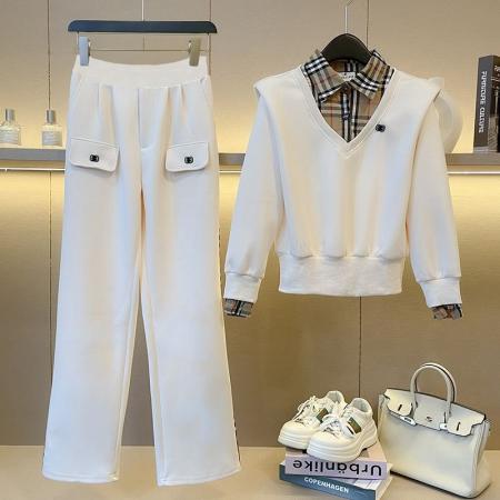 FA45335# 欧货高端加绒休闲运动套装女秋新款时尚设计感假两件卫衣两件套潮 服裝批發女裝批發服飾貨源