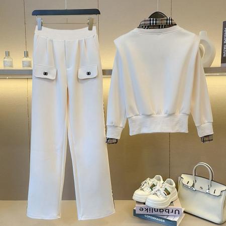 FA45335# 欧货高端加绒休闲运动套装女秋新款时尚设计感假两件卫衣两件套潮 服裝批發女裝批發服飾貨源