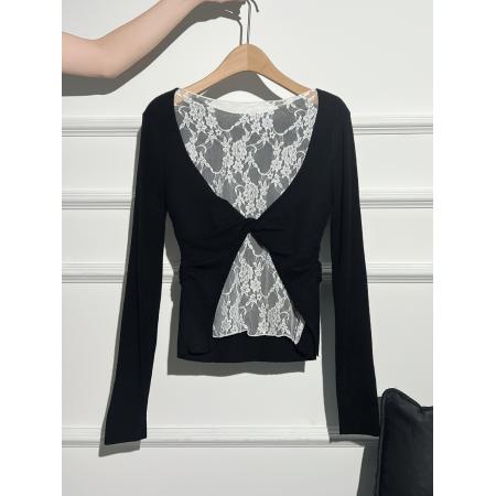 FA45338# 纯欲黑色蕾丝露背拼接针织衫女早秋新款褶皱扭结收腰内搭上衣 服裝批發女裝批發服飾貨源