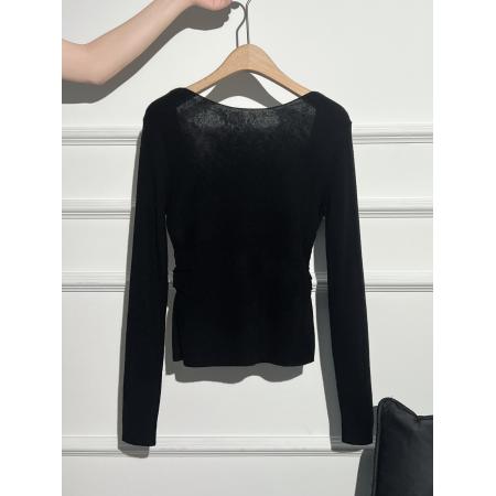 FA45338# 纯欲黑色蕾丝露背拼接针织衫女早秋新款褶皱扭结收腰内搭上衣 服裝批發女裝批發服飾貨源