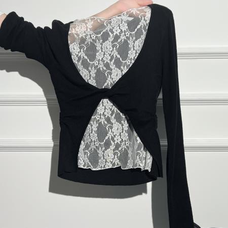 FA45338# 纯欲黑色蕾丝露背拼接针织衫女早秋新款褶皱扭结收腰内搭上衣 服裝批發女裝批發服飾貨源