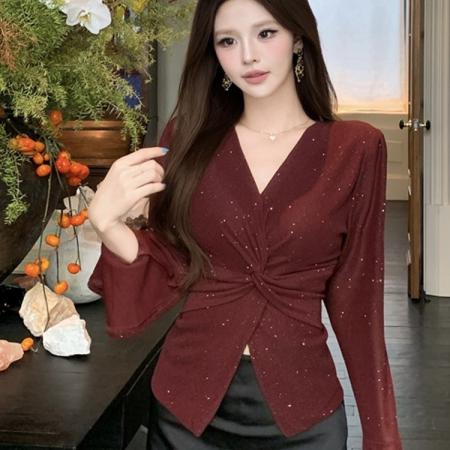 FA45339# 法式设计感交叉V领喇叭长袖T恤女秋季新款时尚气质开叉短上衣 服裝批發女裝批發服飾貨源