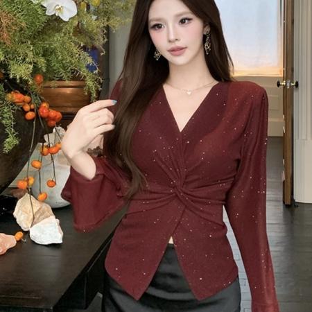 FA45339# 法式设计感交叉V领喇叭长袖T恤女秋季新款时尚气质开叉短上衣 服裝批發女裝批發服飾貨源