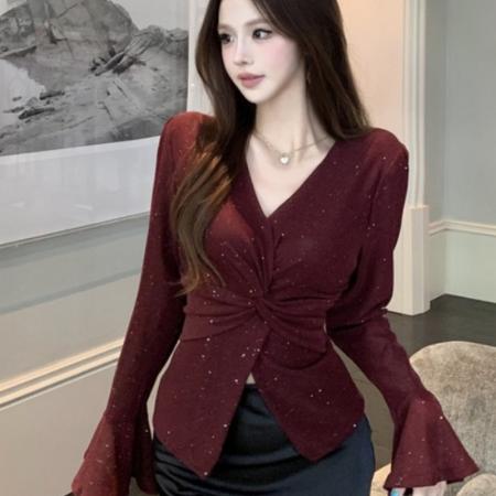 FA45339# 法式设计感交叉V领喇叭长袖T恤女秋季新款时尚气质开叉短上衣 服裝批發女裝批發服飾貨源