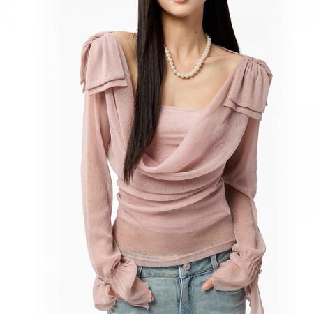 FA45340# 早秋新款千金风细闪蝴蝶结纱纱荡领不规则长袖上衣裹胸内搭两件套 服裝批發女裝批發服飾貨源