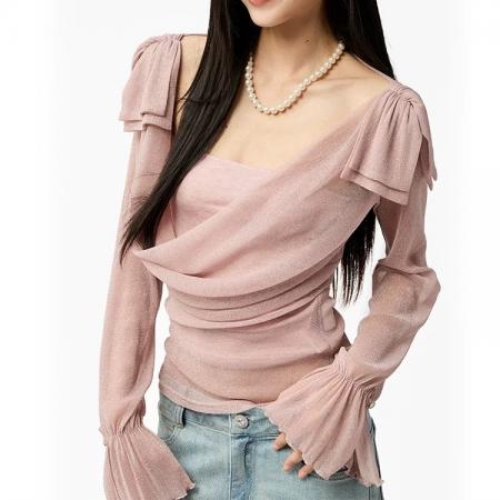 FA45340# 早秋新款千金风细闪蝴蝶结纱纱荡领不规则长袖上衣裹胸内搭两件套 服裝批發女裝批發服飾貨源